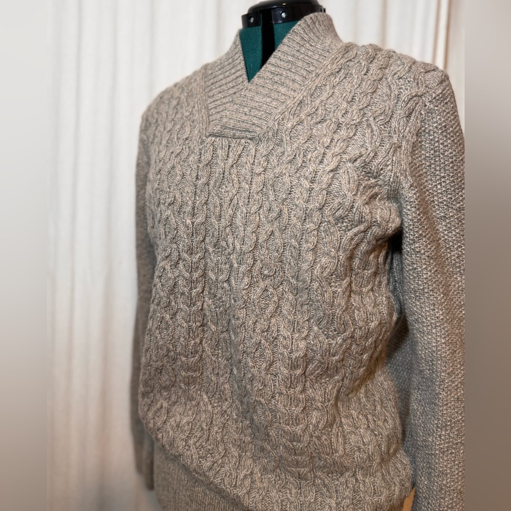 VTG Joseph Abboud Men's M Tan Grey Heather Wool Blend Fisherman Grandpa Sweater - Picture 3 of 14